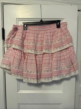LoveShackFancy Pink and White Tiered Lace Mini Skirt